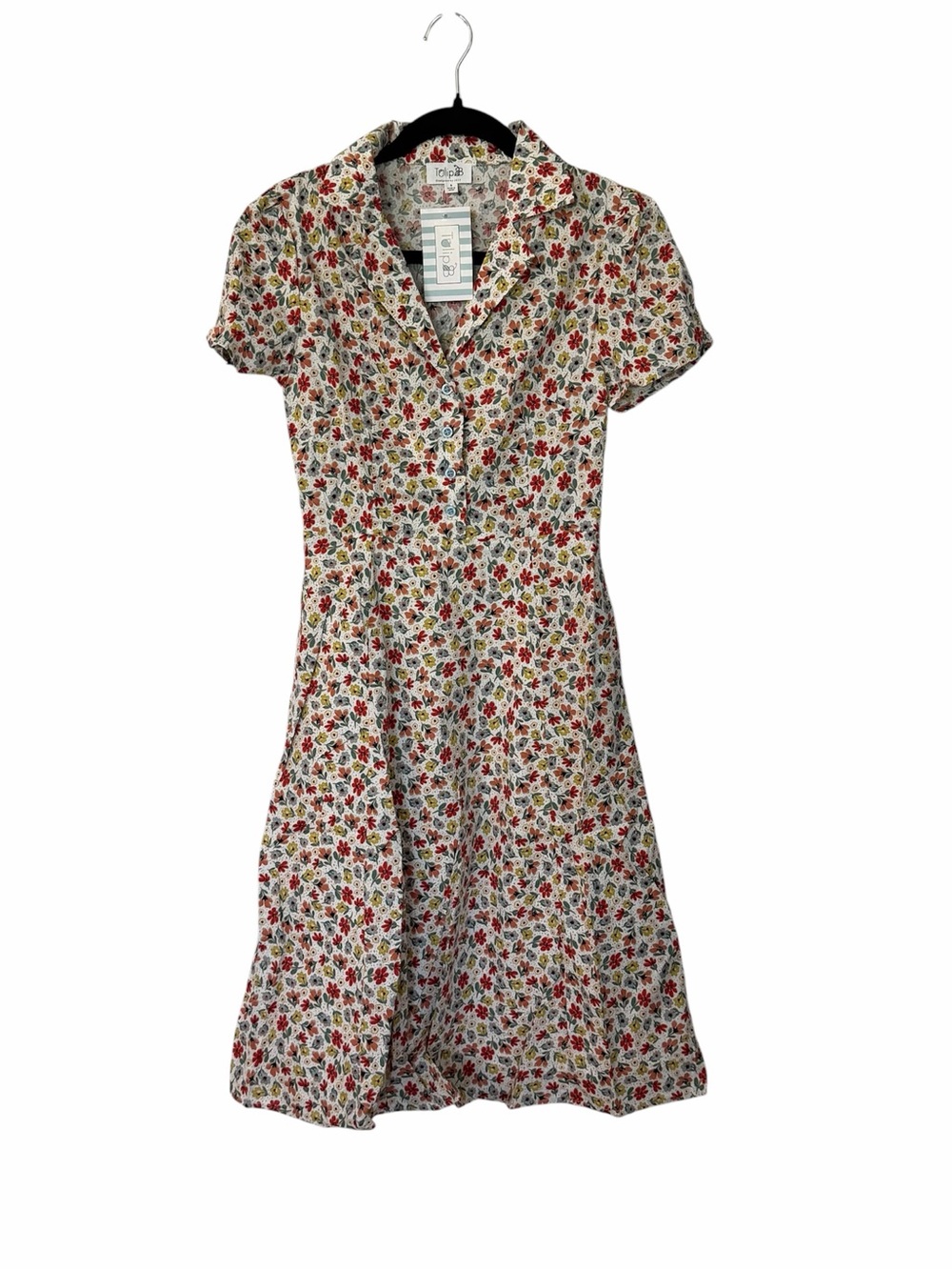 Tulip B Women’s Short Sleeve Buttoned V-Neck Cotton Floral Midi Dress Sz S NWT